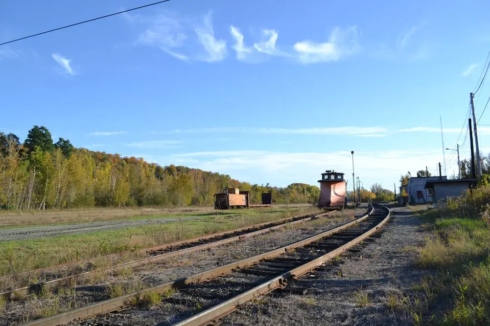 Abandoned railway tracks with autumn trees