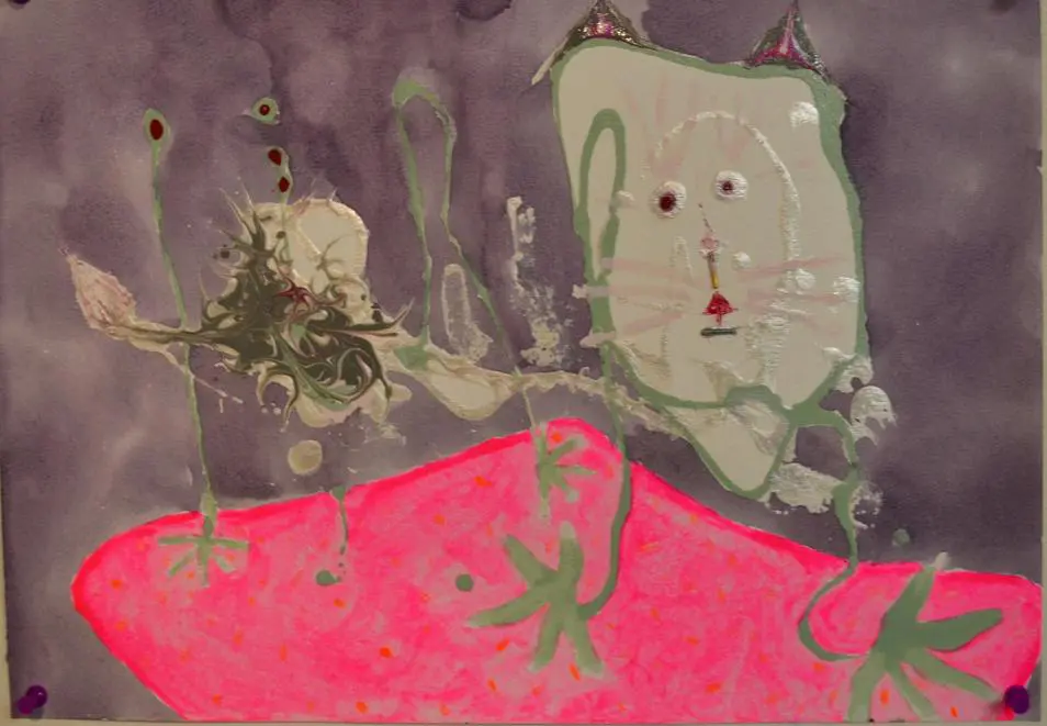 Abstract painting with a large white face and red accents.