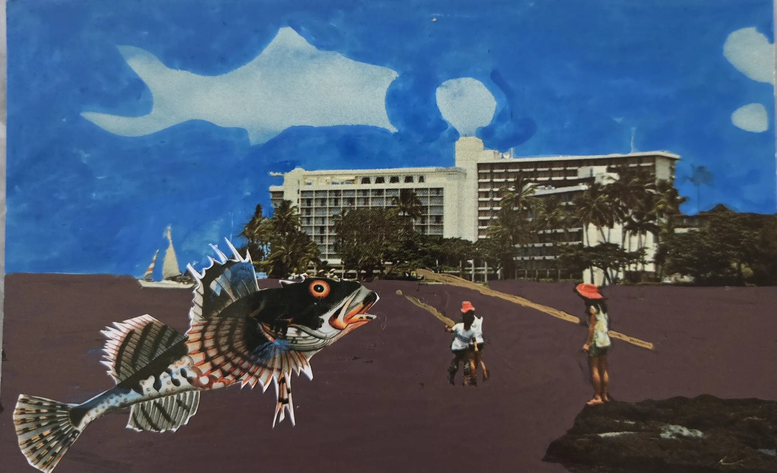 A surreal scene with a giant fish and people in a plaza under a blue sky.
